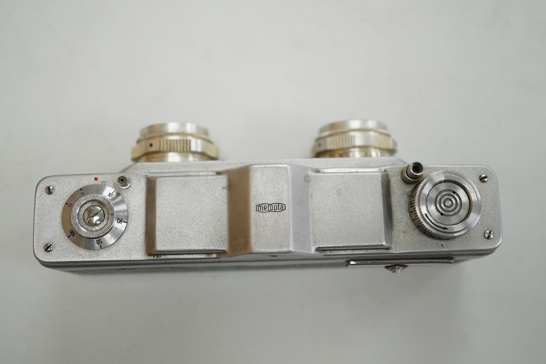 A 1960s Meopta Mikroma stereo camera with Mirar 3.5/25 lenses, in a fitted leather case